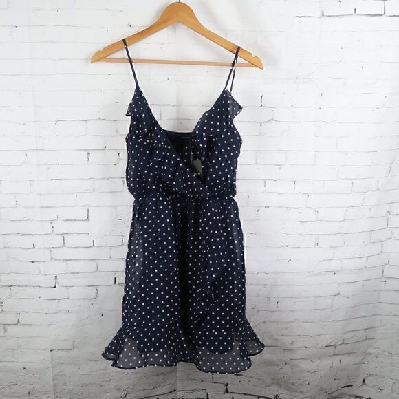 FOREVER 21 NAVY BLUE SPAGHETTI STRAP V NECK MIDI POLKA DOT DRESS SIZE SMALL NWT - Picture 1 of 8